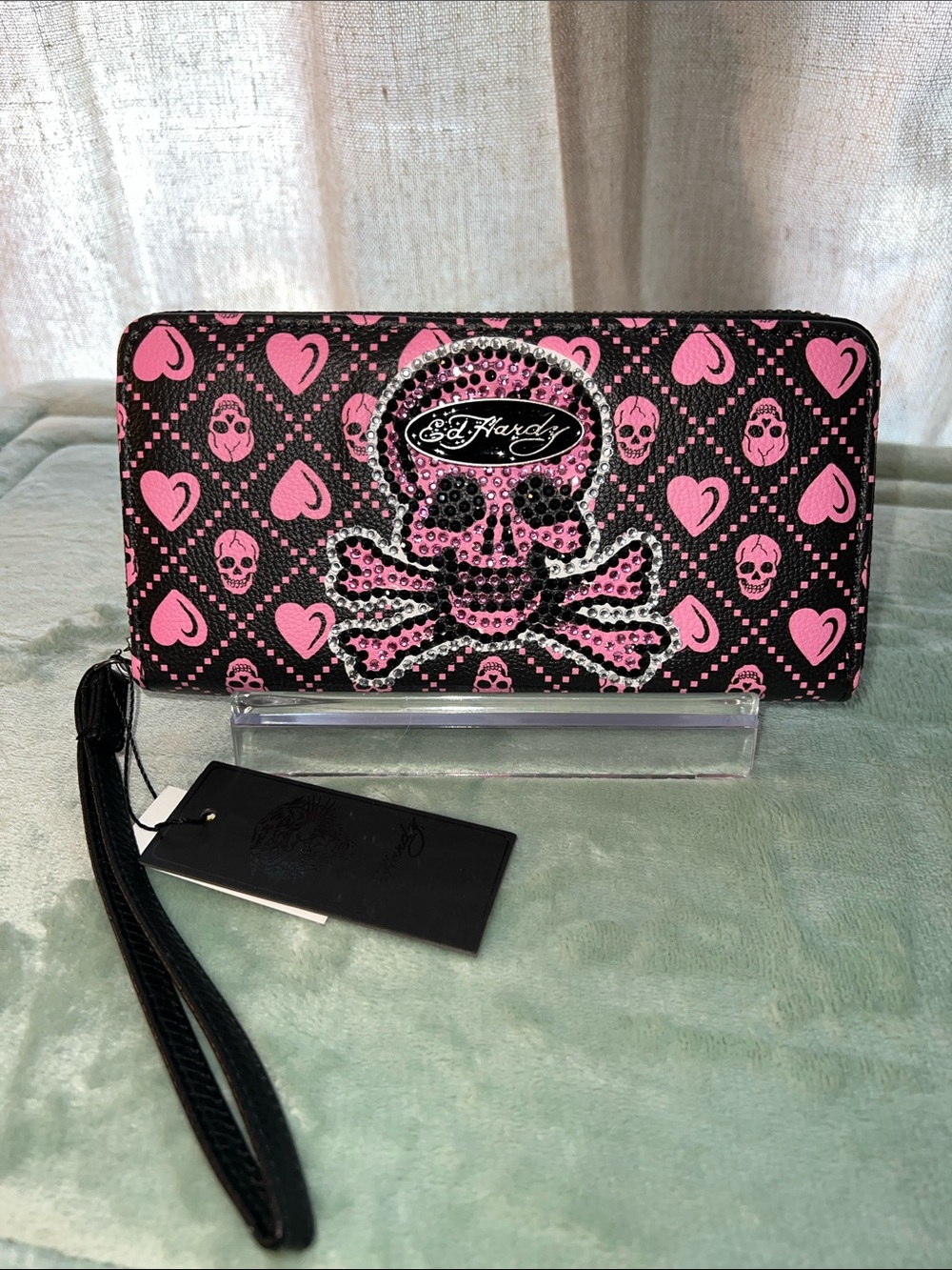 Ed Hardy Black and Pink Skull Crystal Wristlet Wallet